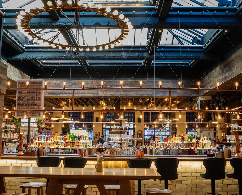 Bar interior with festoon lighting at an empty venue